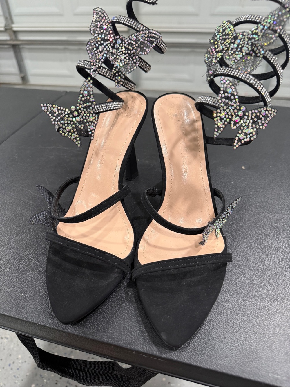 Black Butterfly Crystal-Strap Heels